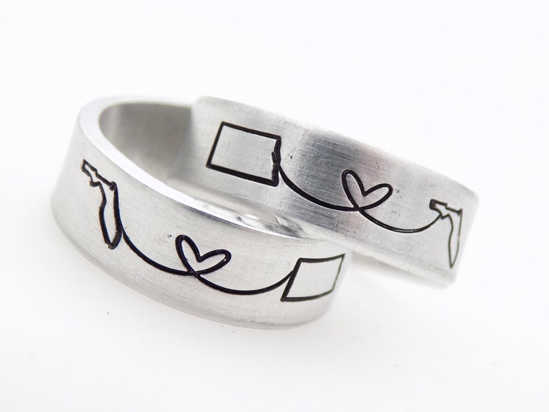 Long Distance Couples Set of 2 Sister Brother or Best Friend Gift, Unisex handstamped adjustable rings, resizable ring band custom 2 states image 3
