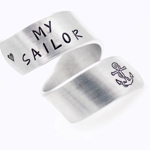 Navy wife girlfriend gift, I Love my sailor Military Navy Mother, handstamped silver adjustable twist ring anchor image 2