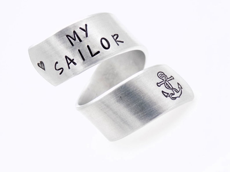 Navy wife girlfriend gift, I Love my sailor Military Navy Mother, handstamped silver adjustable twist ring anchor image 2