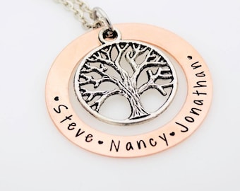 Personalized COPPER Hand Stamped Necklace  Mom Grandma  Gift for her  Tree of Life  Mother's Necklace Grandmother Necklace  Baby Shower Gift