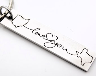 Custom long distance keychain - Love you connecting your 2 locations - ANY two states or Countries can be chosen