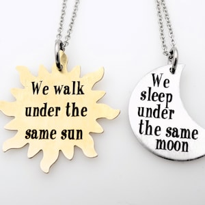 Long Distance Set of 2 Necklaces Celestial Sun and Moon Themed makes a great gift for couples, best friends, Girlfriend or Boyfriend image 1