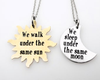 Long Distance Set of 2 Necklaces Celestial Sun and Moon Themed makes a great gift for couples, best friends, Girlfriend or Boyfriend