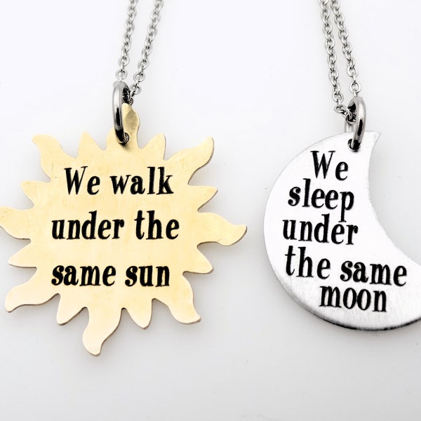 Long Distance Set of 2 Necklaces Celestial Sun and Moon Themed makes a great gift for couples, best friends, Girlfriend or Boyfriend