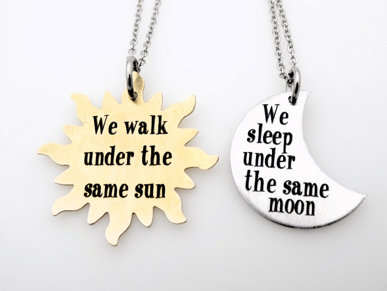 Long Distance Set of 2 Necklaces Celestial Sun and Moon Themed makes a great gift for couples, best friends, Girlfriend or Boyfriend image 1