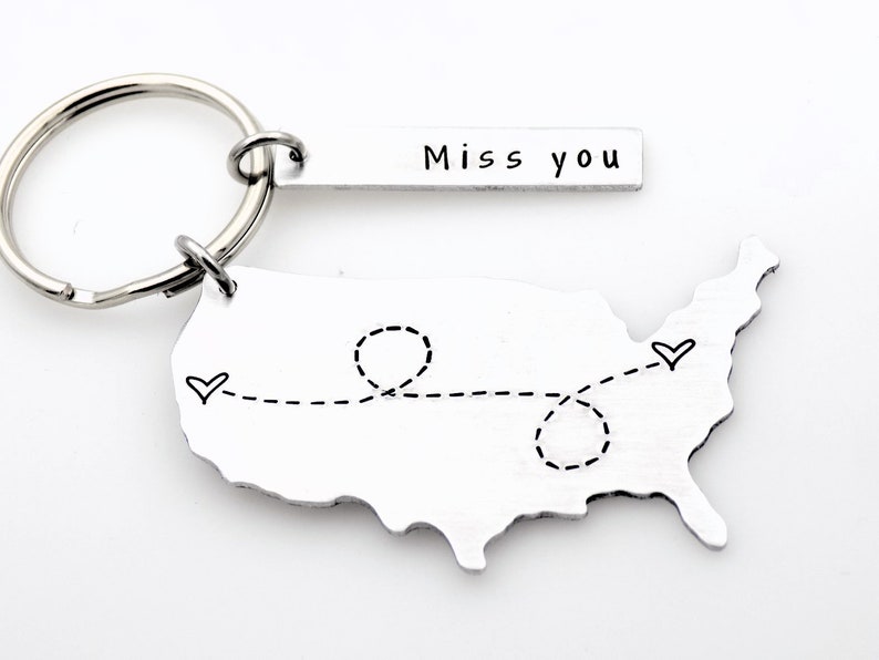 Long distance gift for girlfriend boyfriend couples anniversary going away gift for her or for him state usa keychain with custom tag gift image 3