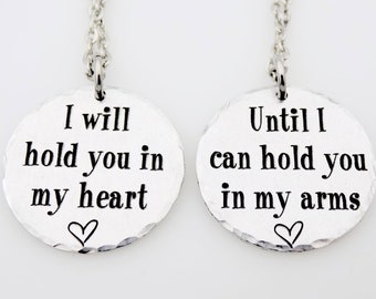 Long Distance Relationship Laser Engraved Jewelry Set I will hold you in my heart LDR going away Love going away gift deployment matching