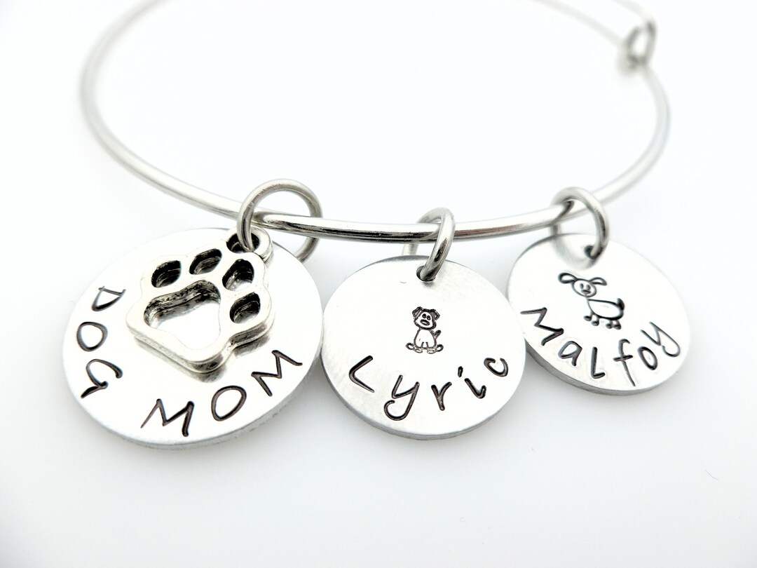 Dog Mom Bangle, Charm Bracelet, Handstamped Jewelry, Pet Grandma