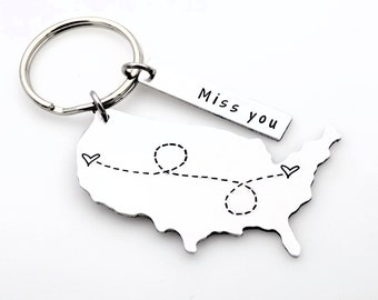Long distance gift for girlfriend boyfriend couples anniversary going away gift for her or for him state usa keychain with custom tag gift