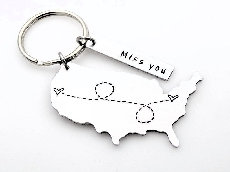 Long distance gift for girlfriend boyfriend couples anniversary going away gift for her or for him state usa keychain with custom tag gift image 1