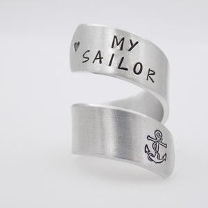Navy wife girlfriend gift, I Love my sailor Military Navy Mother, handstamped silver adjustable twist ring anchor image 7