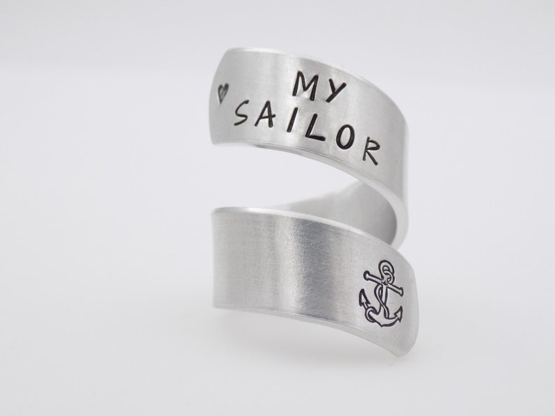 Navy wife girlfriend gift, I Love my sailor Military Navy Mother, handstamped silver adjustable twist ring anchor image 7