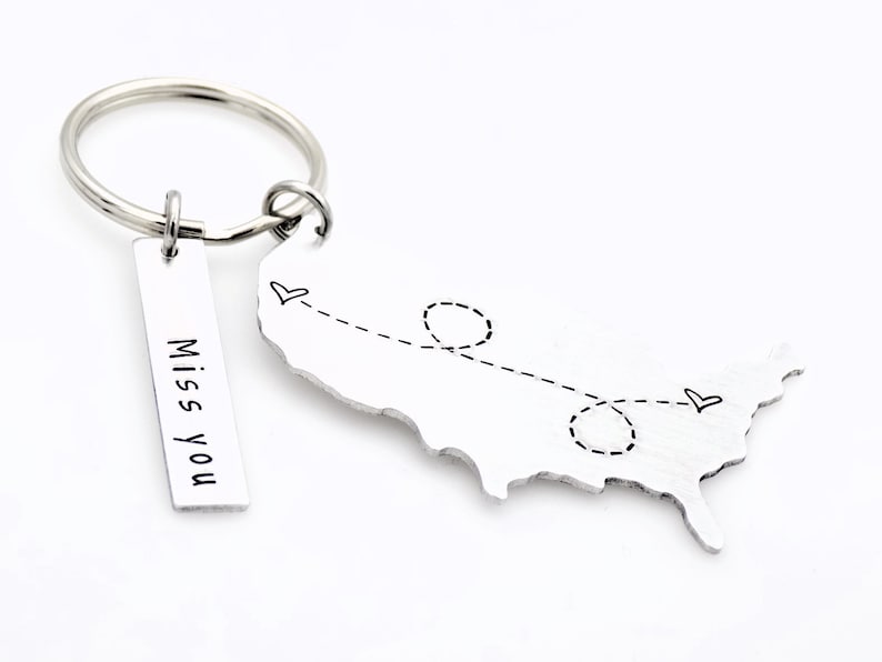 Long distance gift for girlfriend boyfriend couples anniversary going away gift for her or for him state usa keychain with custom tag gift image 2