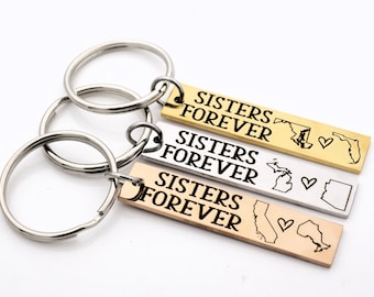Gift for Long Distance Sister - Sisters Forever - Customize this keychain with any 2 locations you want - Silver, Gold or Rose Gold