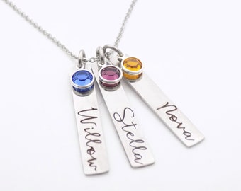 Mother or Grandma Custom name and birthstone dainty bar necklace