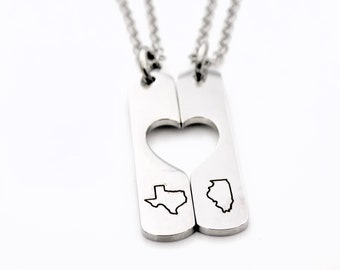 Long distance matching necklace set - Long distance Best friend or couples - Custom with ANY two locations, Countries, States or Provinces