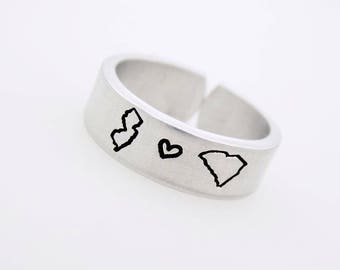 State to State ring, Handstamped adjustable ring, Choose from 50 States, Canada or USA, Long distance love, long distance gift, ldr ring