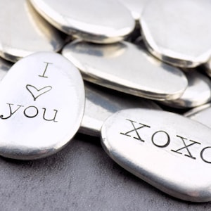 Pocket hugs and kisses, custom pocket stone, pewter pebble, hand stamped gift for him her, I love you gift for Valentine&#39;s day Anniversary