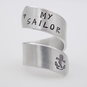 Navy wife girlfriend gift, I Love my sailor Military Navy Mother, handstamped silver adjustable twist ring anchor image 3