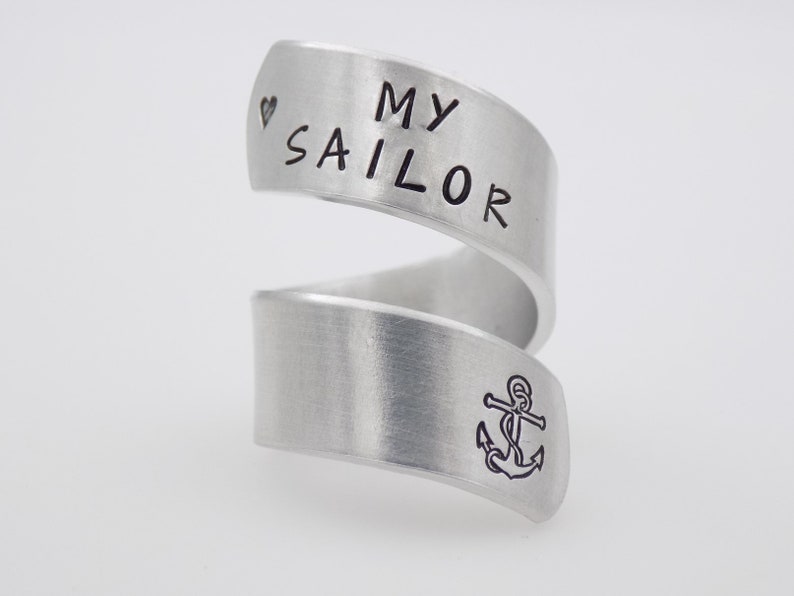 Navy wife girlfriend gift, I Love my sailor Military Navy Mother, handstamped silver adjustable twist ring anchor image 3