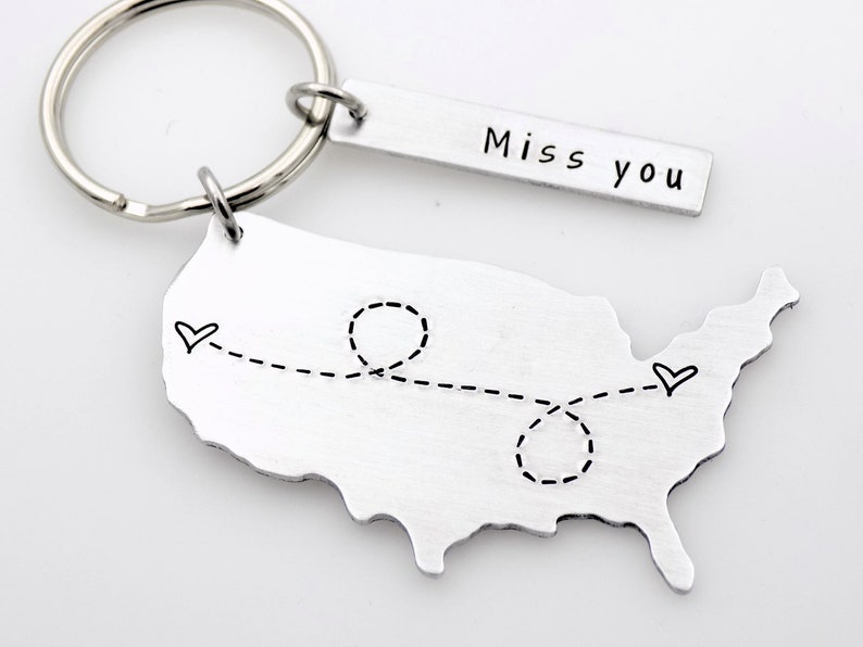 Long distance gift for girlfriend boyfriend couples anniversary going away gift for her or for him state usa keychain with custom tag gift image 4