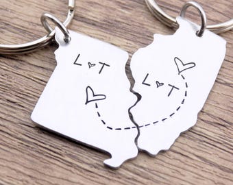 Long distance state keychain gift, USA state to state, couples living apart, going away gift, college student moving, sibling long distance