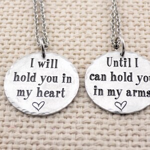 Long Distance Relationship Laser Engraved Jewelry Set I will hold you in my heart LDR going away Love going away gift deployment matching