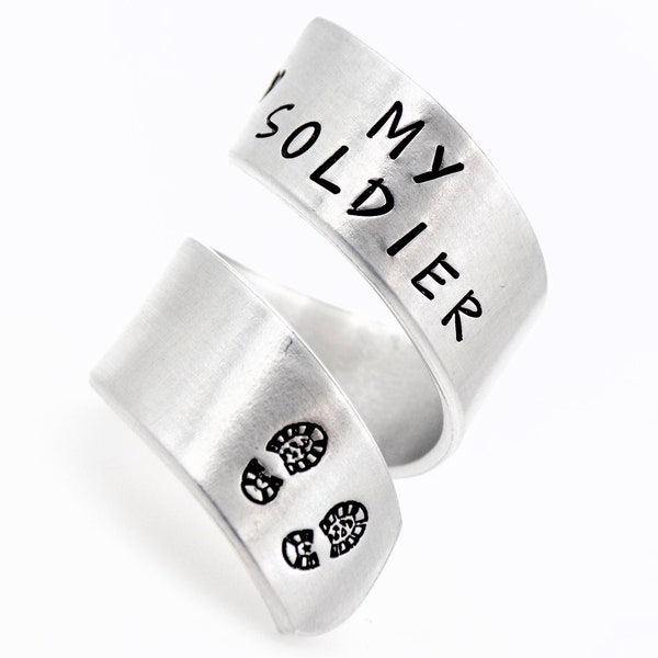 Military wife girlfriend gift, I Love my soldier Military Army Mother, handstamped silver adjustable twist ring