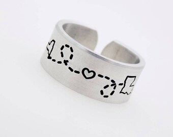 State to State ring, Handstamped adjustable ring, Choose from 50 States, Canada or USA, Long distance love, long distance gift, ldr ring