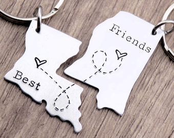 Best Friends map Custom long distance friendship State Key Chain Set of 2