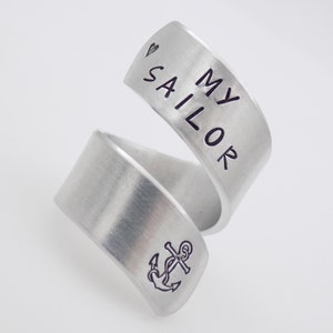 Navy wife girlfriend gift, I Love my sailor Military Navy Mother, handstamped silver adjustable twist ring anchor image 6