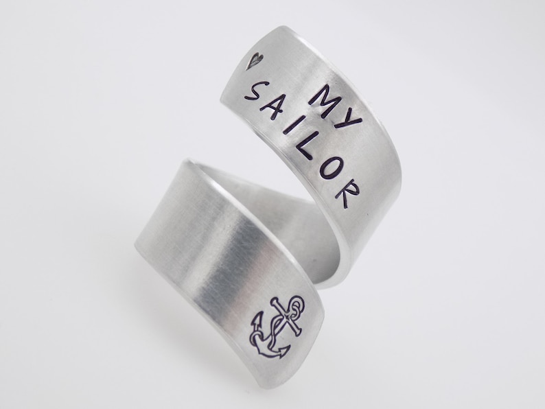 Navy wife girlfriend gift, I Love my sailor Military Navy Mother, handstamped silver adjustable twist ring anchor image 6