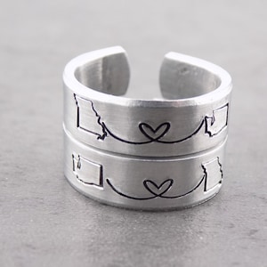 Long Distance Couples Set of 2 Sister Brother or Best Friend Gift, Unisex handstamped adjustable rings, resizable ring band custom  2 states