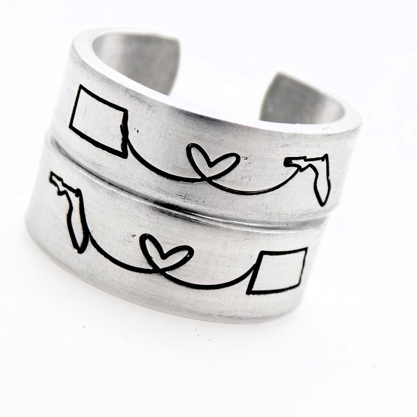 Long Distance Couples Set of 2 Sister Brother or Best Friend Gift, Unisex handstamped adjustable rings, resizable ring band custom  2 states