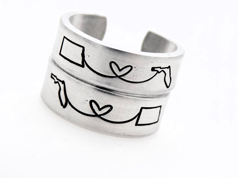Long Distance Couples Set of 2 Sister Brother or Best Friend Gift, Unisex handstamped adjustable rings, resizable ring band custom 2 states image 1