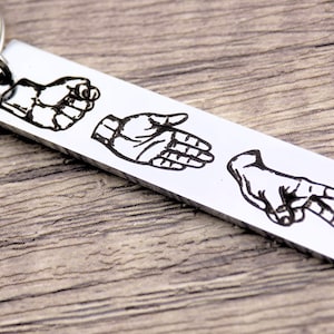 May include: A silver keychain with three hand gestures engraved on it: a fist, an open hand, and a peace sign.