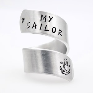 Navy wife girlfriend gift, I Love my sailor Military Navy Mother, handstamped silver adjustable twist ring anchor image 1