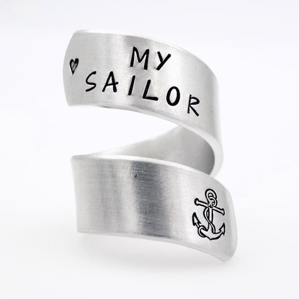 Navy wife girlfriend gift, I Love my sailor Military Navy Mother, handstamped silver adjustable twist ring anchor