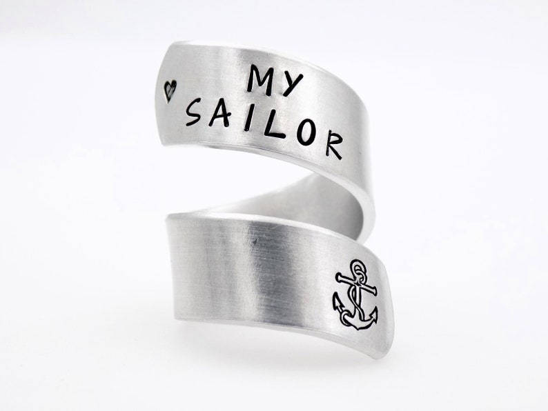 Navy wife girlfriend gift, I Love my sailor Military Navy Mother, handstamped silver adjustable twist ring anchor image 1