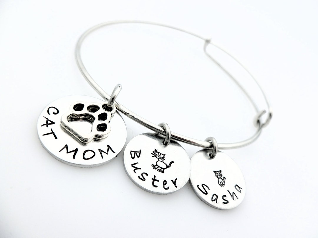 Cat Mom Bangle, Charm Bracelet, Handstamped Jewelry, Crazy Cat Lady, Rescue Mom - Etsy