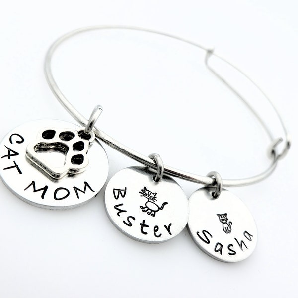 Cat Mom Bangle, Charm Bracelet, Handstamped Jewelry, Crazy cat Lady, Rescue Mom