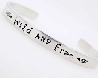 Inspirational Hand Stamped Jewelry , Wild and free, feather, Inspiration,  silver  jewelry  gift for her, Best friends, Sisters
