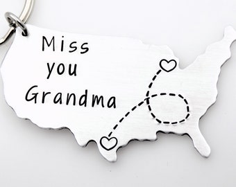 Long distance Grandma gift moving away going away to college long distance family gift usa map handstamped keychain grandmother gift for her