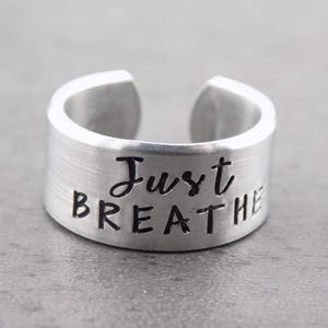 Just breathe motivational jewelry adjustable hand stamped ring