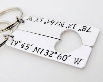 Custom Coordinates Keychains - Long distance Love relationship - going away gift living apart - anniversary gift for him and her - matching