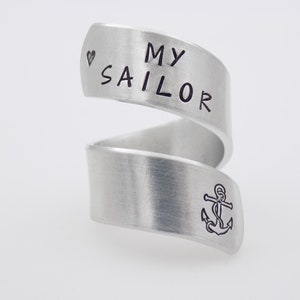 Navy wife girlfriend gift, I Love my sailor Military Navy Mother, handstamped silver adjustable twist ring anchor image 5