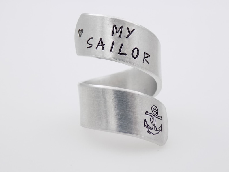 Navy wife girlfriend gift, I Love my sailor Military Navy Mother, handstamped silver adjustable twist ring anchor image 5