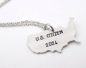 Personalize this American citizenship gift, laser engraved United states Necklace Choose your year