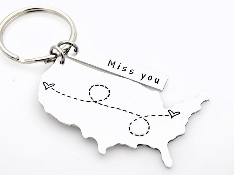 Long distance gift for girlfriend boyfriend couples anniversary going away gift for her or for him state usa keychain with custom tag gift image 9