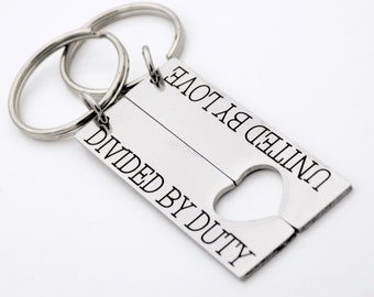 Matching Deployment Gift - Divided by Duty and United by Love - Heart Halves set of 2 keychains.